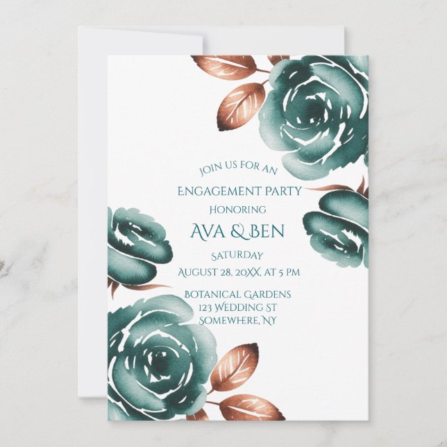 Invitation Teal Roses and Copper Leaves Wedding Shower (Devant)