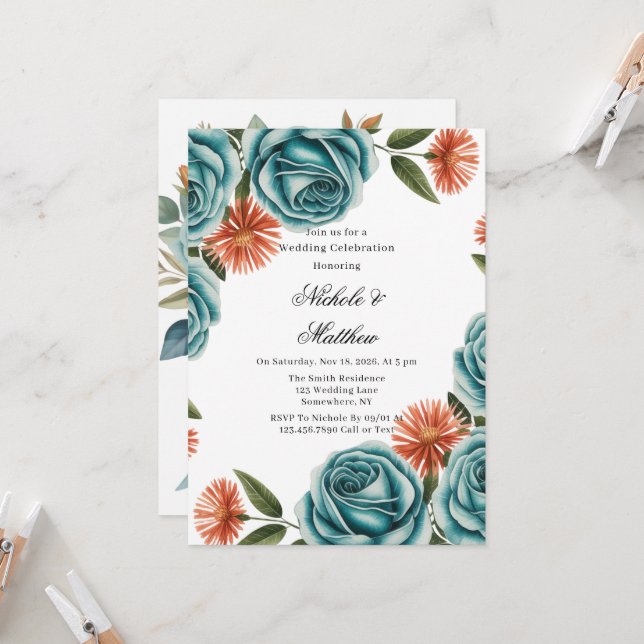 Invitation Teal Roses and Orange Floral Wedding Celebration  (Devant/Arrière en situation)