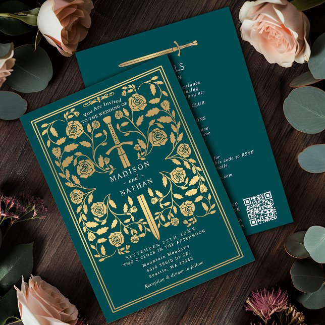 Invitation Teal Royal Medieval Gold Sword Wedding QR Code (Créateur téléchargé)