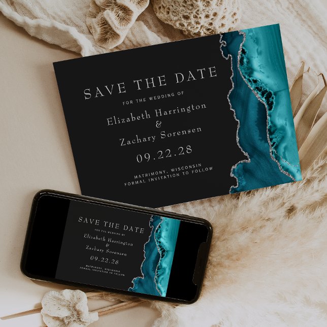 Invitation Teal Silver Agate Dark Save the Date (Créateur téléchargé)