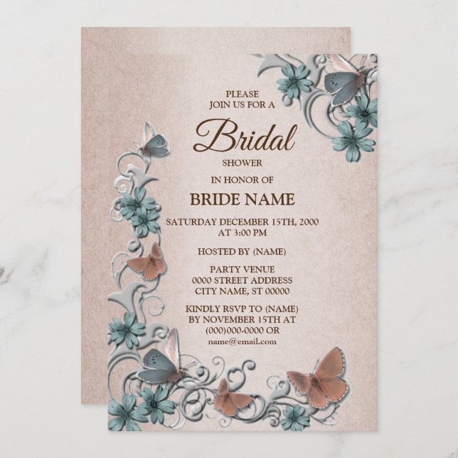 Invitation Teal Silver Floral Butterfly Tan Bridal Shower (Devant / Derrière)
