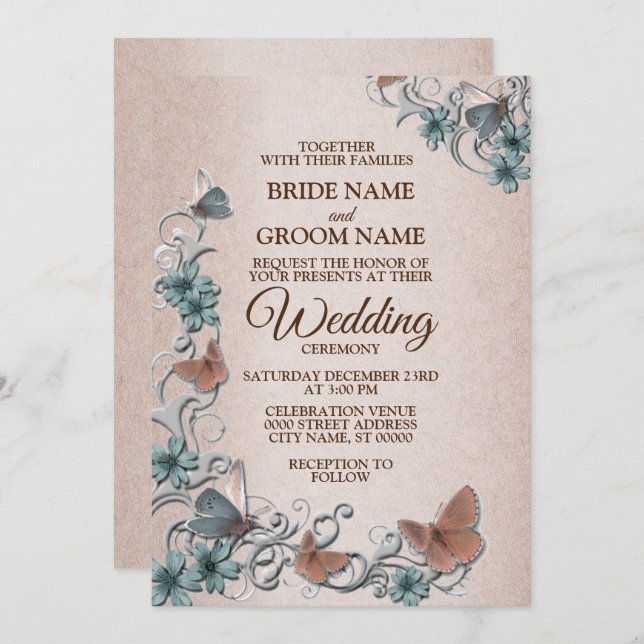 Invitation Teal Silver Floral Copper Butterfly Tan Wedding (Devant / Derrière)