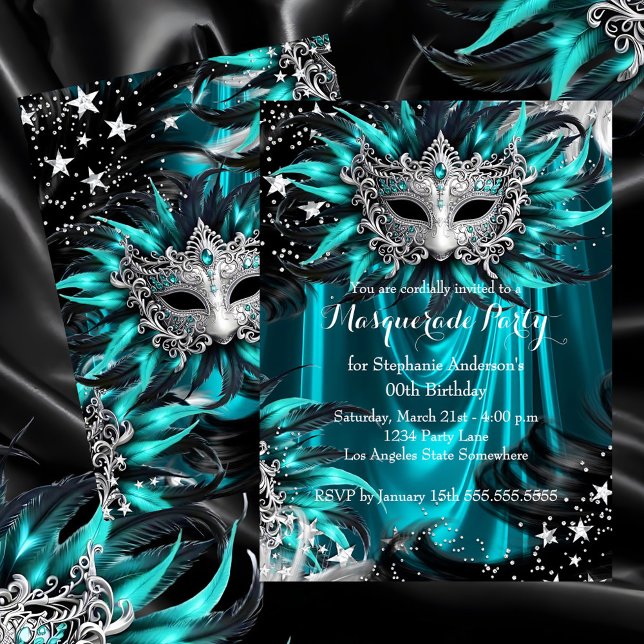 Invitation Teal Silver Sparkle Magical Night Masquerade Party (Créateur téléchargé)
