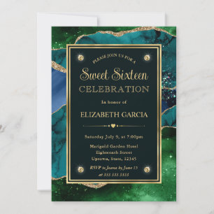 Invitation Teal, vert et or pailleté Agate Sweet Sixteen