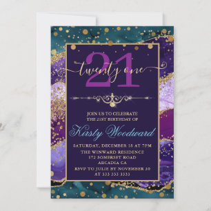 Invitation Teal & Violet & Paillettes de Faux Or Agate Annive
