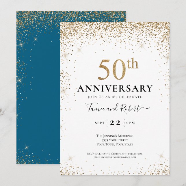 Invitation Teal White Gold 50th Wedding Anniversary  (Devant / Derrière)