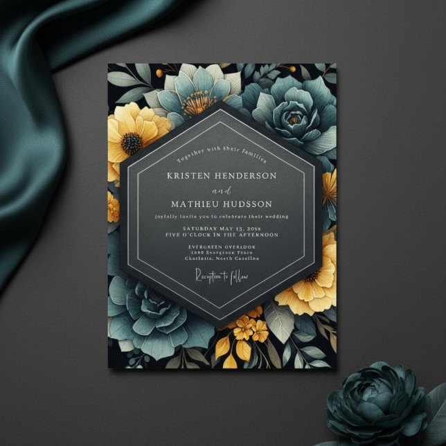 Invitation Teal Yellow Floral Bloom Wedding (Créateur téléchargé)