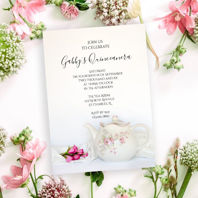 Invitation Teapot et roses roses roses roses Quinceanera Part (Créateur téléchargé)
