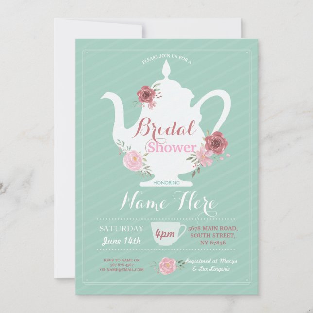 Invitation Teapot Fête des mariées Après-Midi Tea Party Mint (Devant)