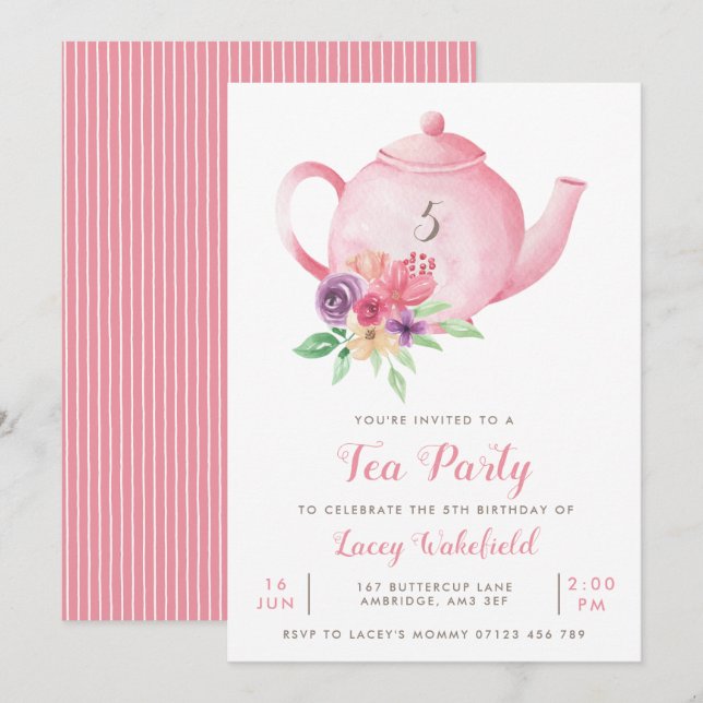 Invitation Teapot floral rose Fille's Birthday Tea Party Invi (Devant / Derrière)