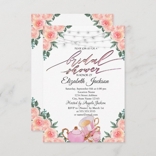 Invitation Teapot Macaron String Lumières Rose Fête des marié (Devant / Derrière)