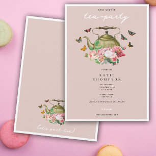 Invitation Teapot Party Baby shower de papillons floraux rose