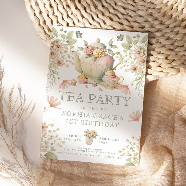 Invitation Teapot & tasses de thé Whimsical Fleurs sauvages A (Créateur téléchargé)