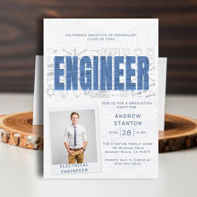 Invitation Technicien de la partie de diplôme du collège Tech (college grad engineering engineer graduation ceremony party invitation white blue technical science)