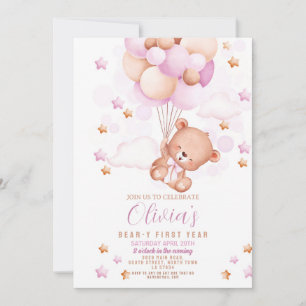 Invitation Teddy Bear 1er Anniversaire Ours First Girls Rose