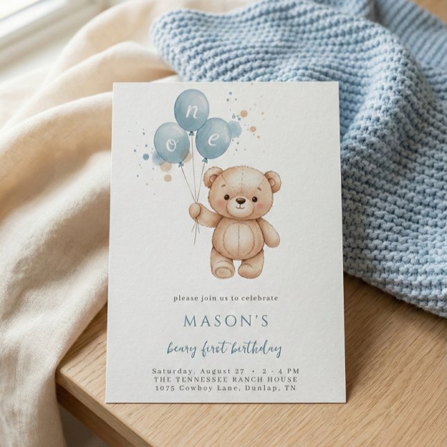 Invitation Teddy Bear 1st Birthday Blue Watercolor (Créateur téléchargé)