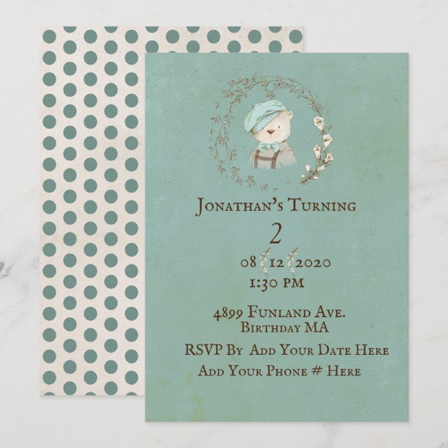 Invitation Teddy Bear 2e deuxième anniversaire (Devant / Derrière)