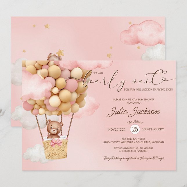 Invitation Teddy Bear Air Balloon Rose Cloud Girl Baby shower (Devant / Derrière)