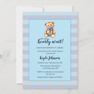 Invitation Teddy Bear and Blue Gingham Plaid Baby Shower