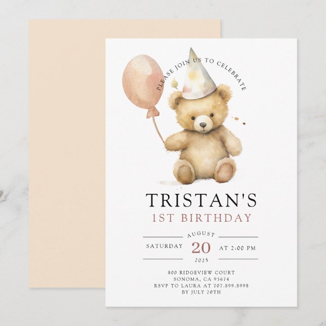 Invitation Teddy Bear Aquarelle Boy 1er anniversaire (Devant / Derrière)