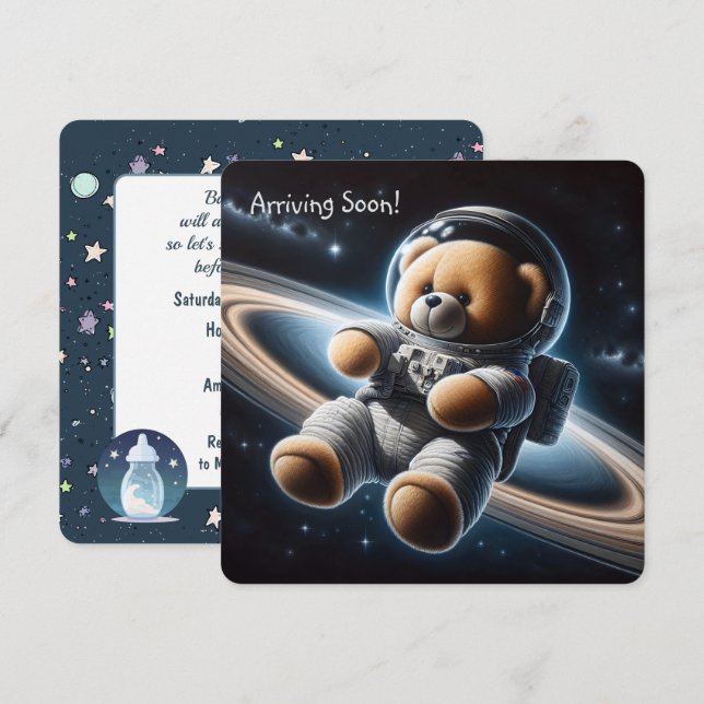 Invitation Teddy Bear Astronaut Baby Boy Shoy (Devant / Derrière)