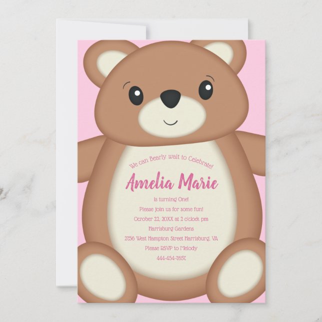 Invitation Teddy Bear Baby Fête Anniversaire rose (Devant)