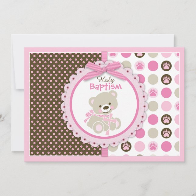 Invitation Teddy Bear Baby Girl Baptême rose (Devant)