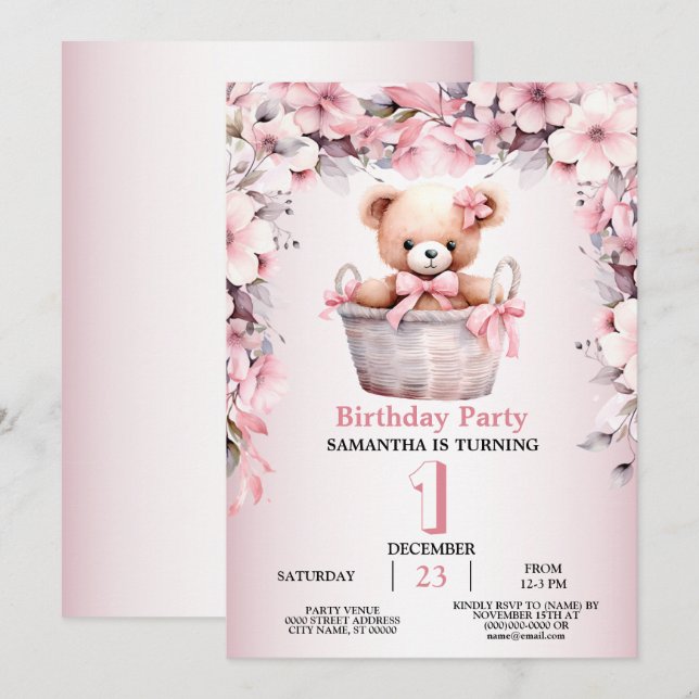 Invitation Teddy Bear Baby Girl Fleurs roses Soirée Élégante (Devant / Derrière)