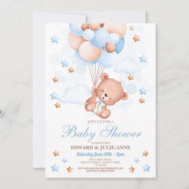Invitation Teddy Bear Baby shower Boy Blue Party (Devant)