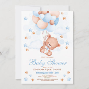 Invitation Teddy Bear Baby shower Boy Blue Party