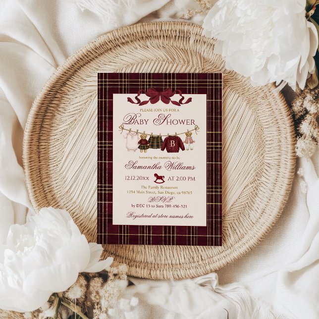 Invitation Teddy Bear Baby Shower Girl Plaid Burgundy Bow  (Créateur téléchargé)
