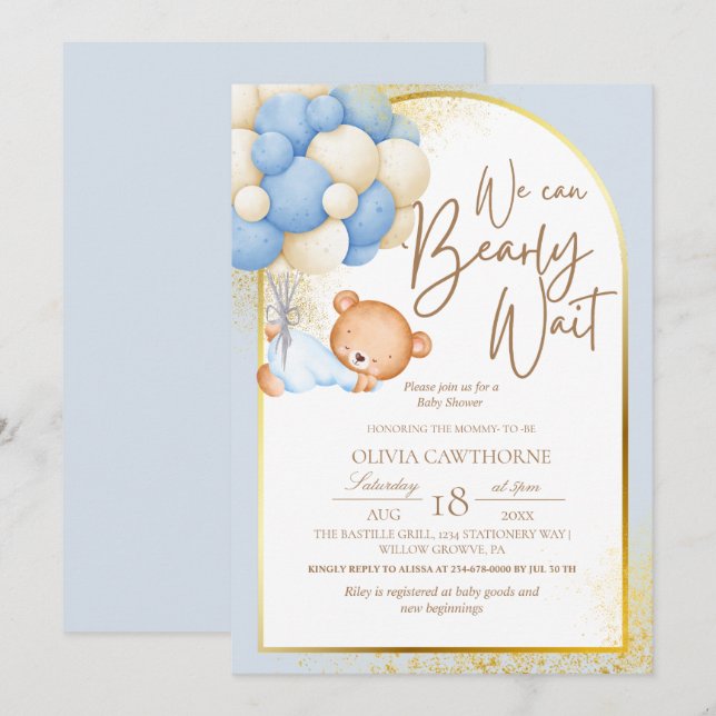 Invitation Teddy Bear Baby shower moderne bleu or (Devant / Derrière)