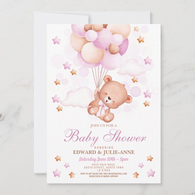 Invitation Teddy Bear Baby shower Rose Girls Party (Devant)