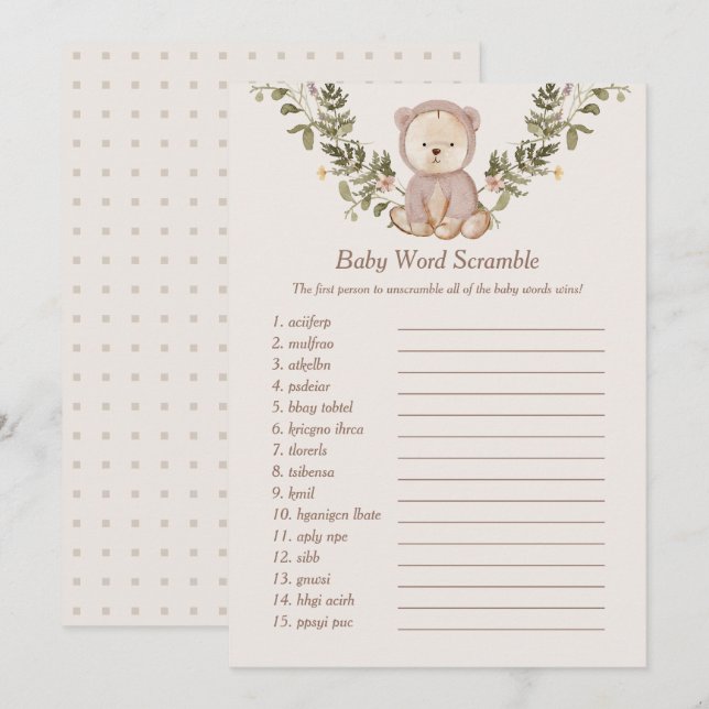 Invitation Teddy Bear Baby Word Scramble Modèle Jeu (Devant / Derrière)