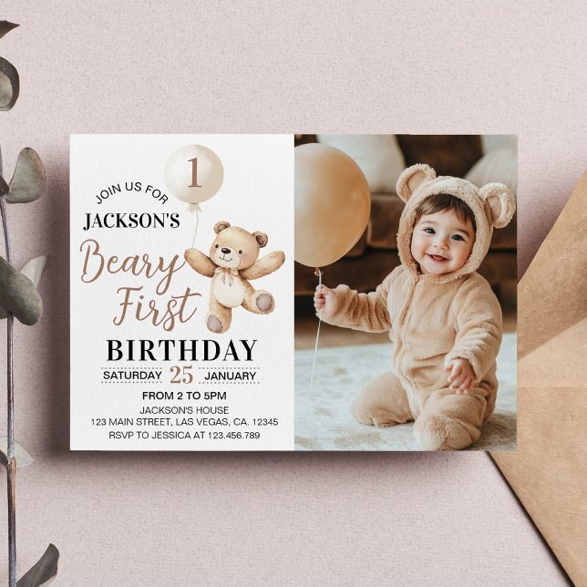 Invitation Teddy Bear Balloon Beary Premier anniversaire Phot (Créateur téléchargé)
