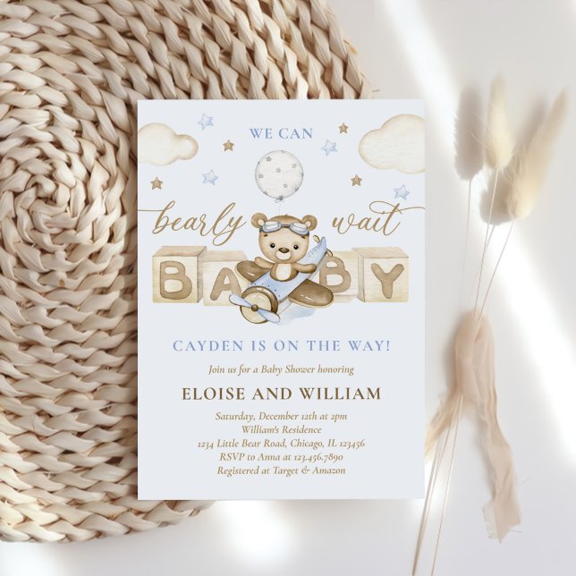 Invitation Teddy Bear Balloon Boy Bearly Wait Baby shower (Créateur téléchargé)