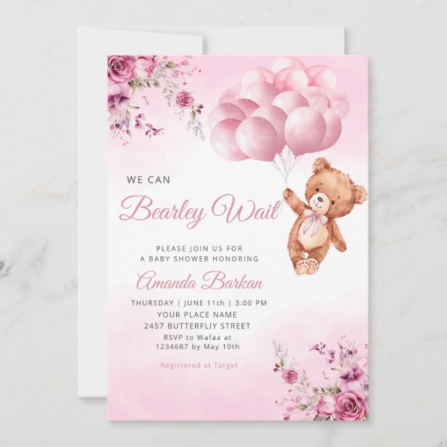 Invitation Teddy Bear Balloon fille Bearly Wait Baby shower (Devant)