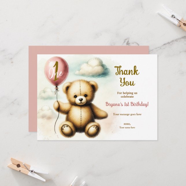 Invitation Teddy Bear Balloon rose 1er anniversaire (Devant/Arrière en situation)