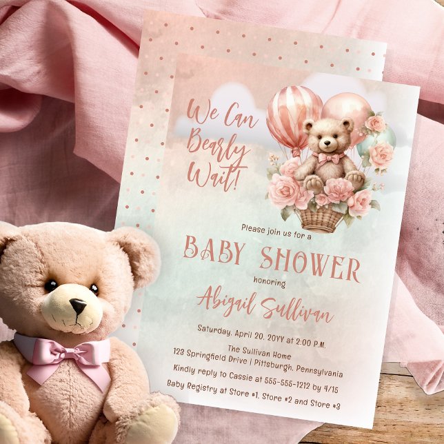 Invitation Teddy Bear Balloons Girl Bearly Wait Baby shower (Teddy Bear in a Hot Air Balloon with Pink Flowers "We Can Bearly Wait" Girl Baby Shower Invitation)