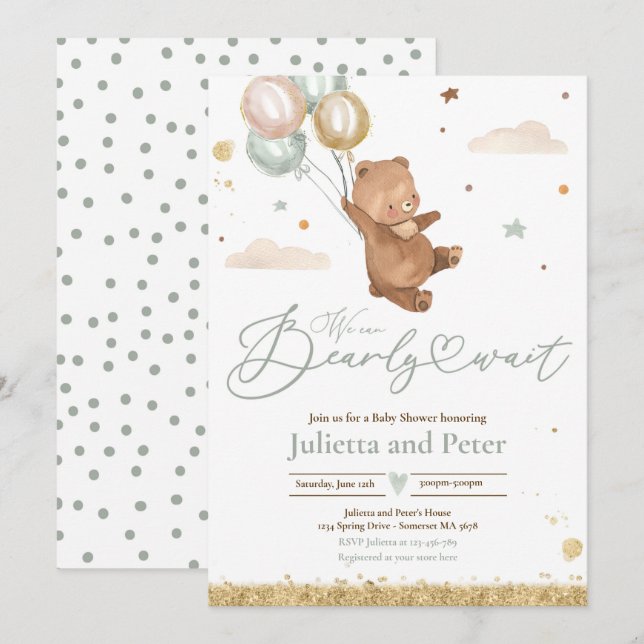 Invitation Teddy Bear Bearly Attendre Baby shower neutre selo (Devant / Derrière)