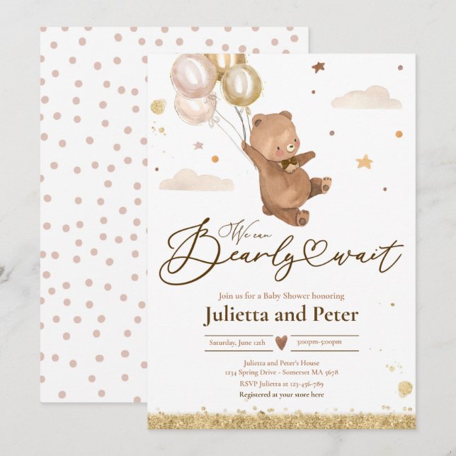 Invitation Teddy Bear Bearly Attendre Baby shower neutre selo (Devant / Derrière)