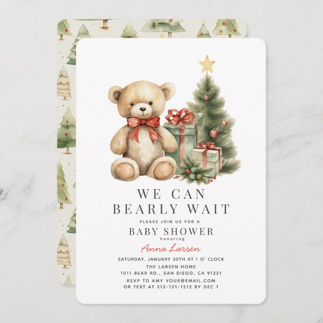 Invitation Teddy Bear Bearly Wait Baby shower de vacances (Devant / Derrière)
