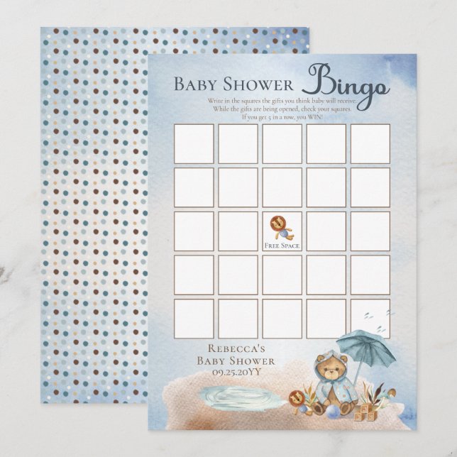 Invitation Teddy Bear Bearly Wait Boy Baby shower Bingo (Devant / Derrière)