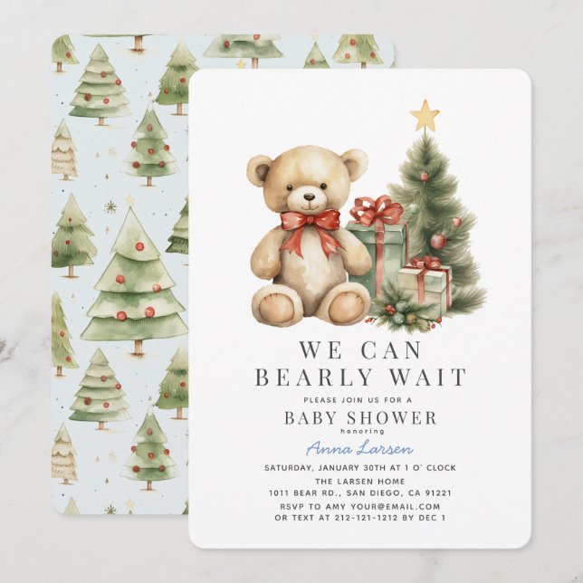 Invitation Teddy Bear Bearly Wait Vacances Baby shower garçon (Devant / Derrière)