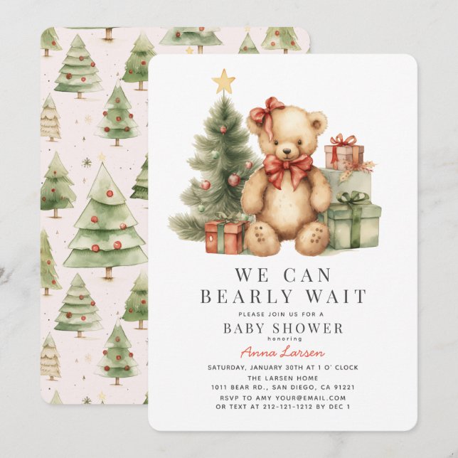 Invitation Teddy Bear Bearly Wait Vacances Fille Baby shower (Devant / Derrière)