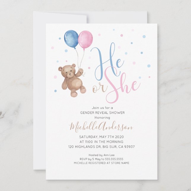 Invitation Teddy Bear Bébé Genre Révéler Douche (Devant)