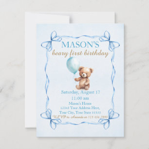 Invitation Teddy Bear Blue Balloon Beary Premier anniversaire