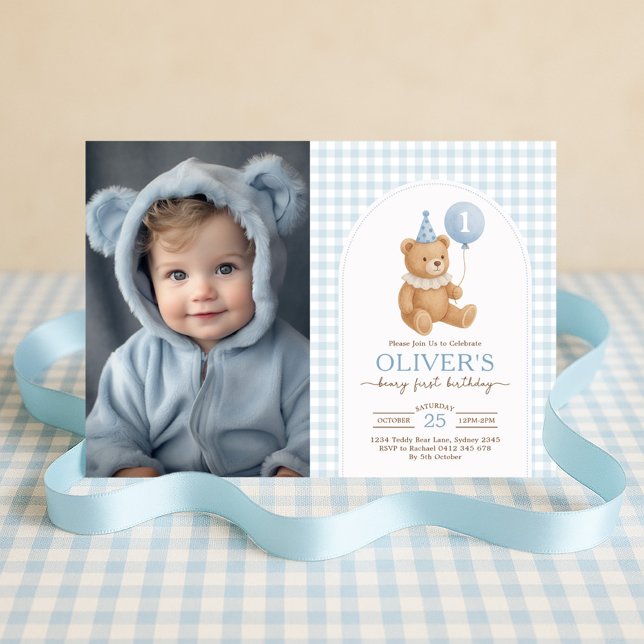 Invitation Teddy Bear Blue Balloon Beary Premier anniversaire (Créateur téléchargé)
