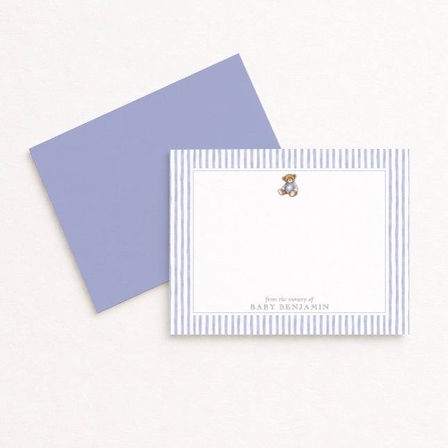 Invitation Teddy Bear Blue Stripe Preppy Nursery Note Card (Créateur téléchargé)