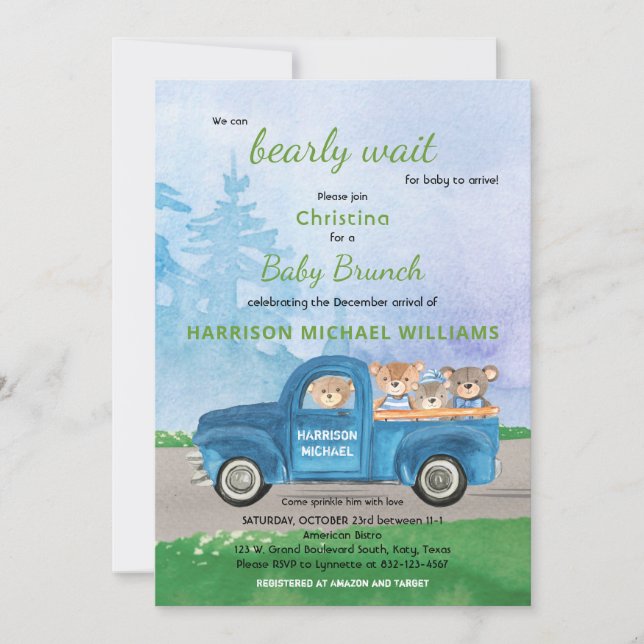 Invitation Teddy Bear Blue Truck Green Forest Boy Baby shower (Devant)